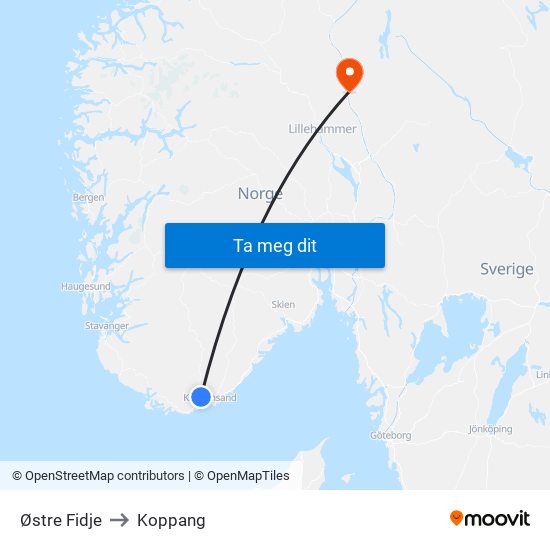 Østre Fidje to Koppang map