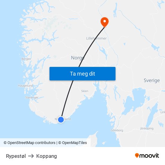 Rypestøl to Koppang map