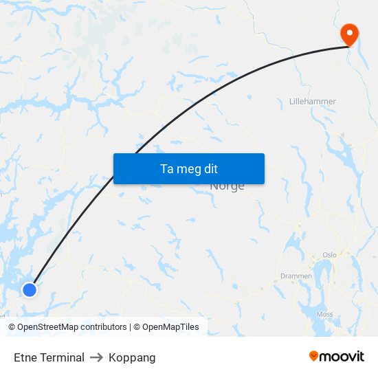 Etne Terminal to Koppang map