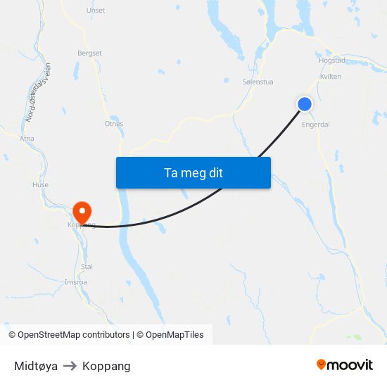 Midtøya to Koppang map