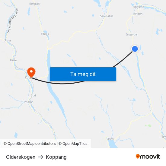 Olderskogen to Koppang map