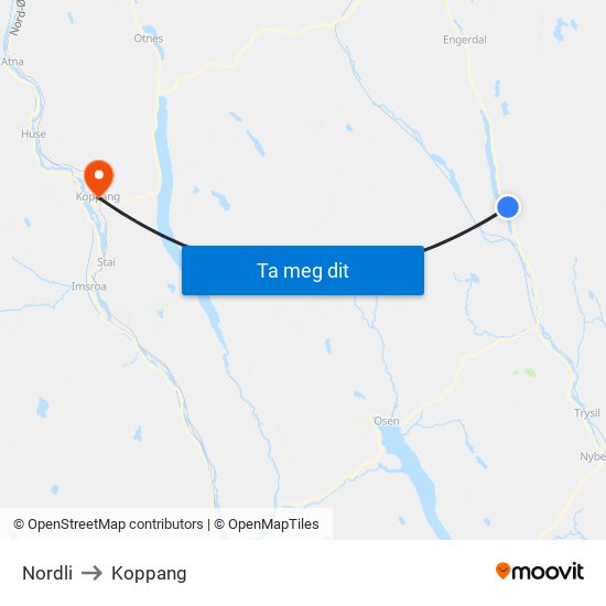 Nordli to Koppang map
