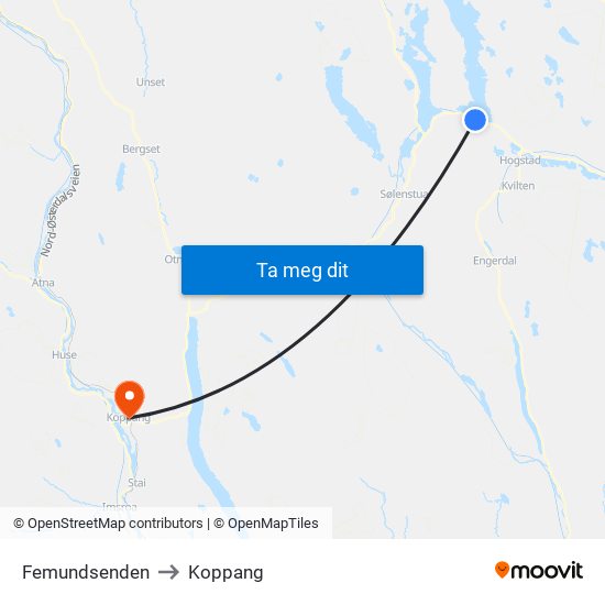 Femundsenden to Koppang map