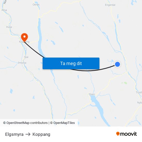 Elgsmyra to Koppang map