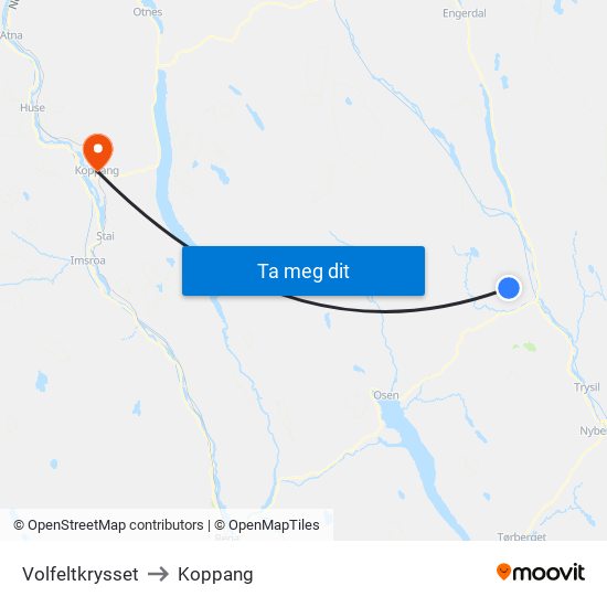 Volfeltkrysset to Koppang map