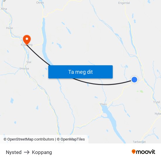 Nysted to Koppang map