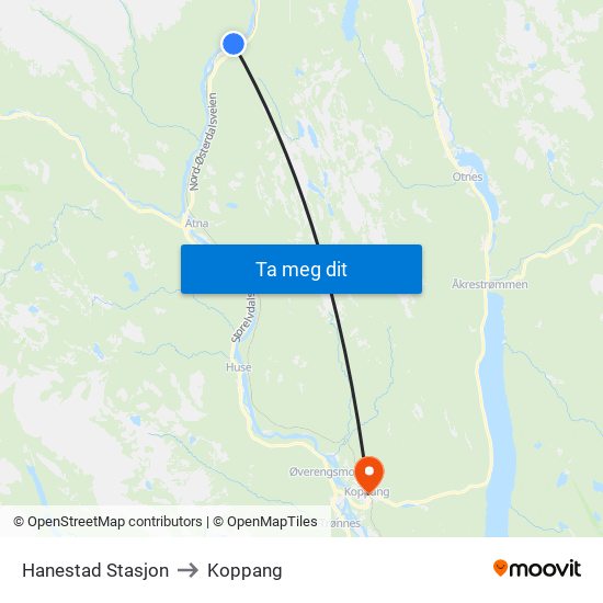 Hanestad Stasjon to Koppang map