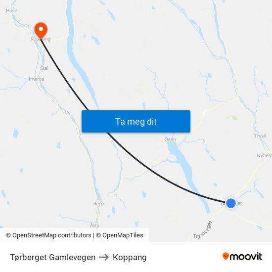Tørberget Gamlevegen to Koppang map