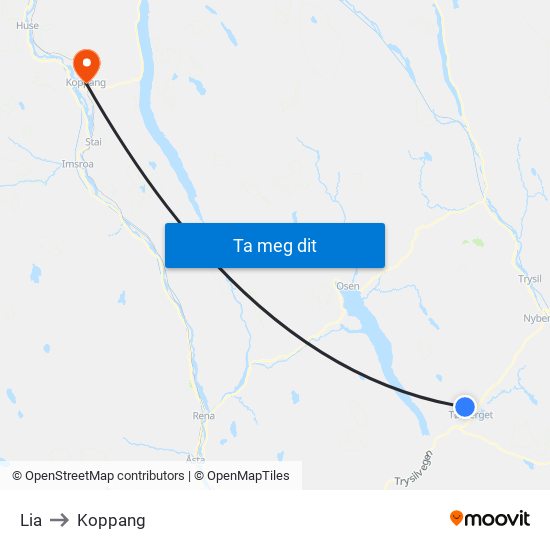 Lia to Koppang map