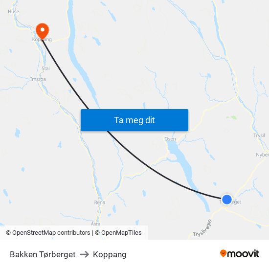 Bakken Tørberget to Koppang map