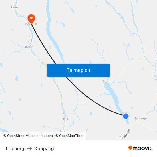 Lilleberg to Koppang map