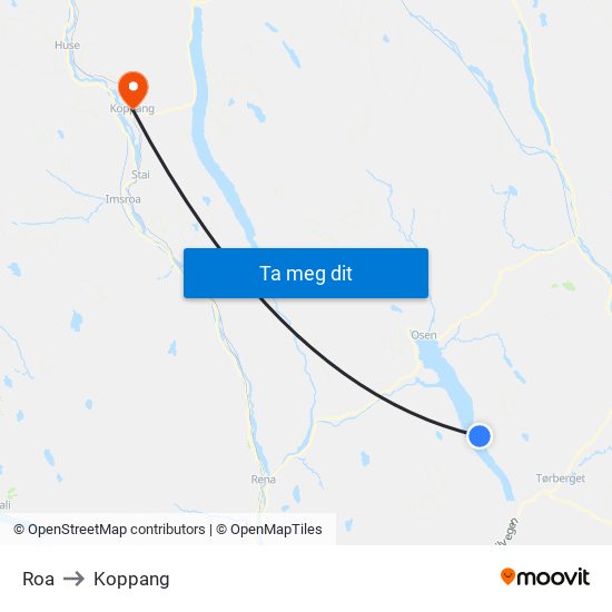 Roa to Koppang map