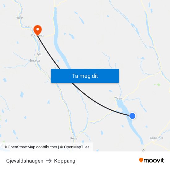 Gjevaldshaugen to Koppang map