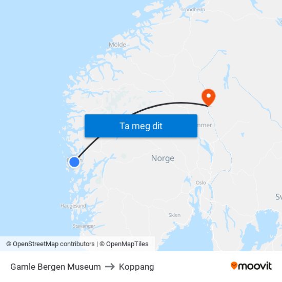 Gamle Bergen Museum to Koppang map
