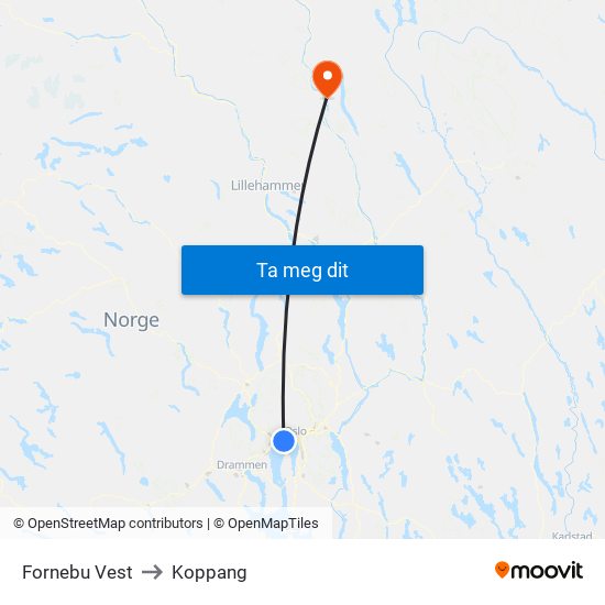 Fornebu Vest to Koppang map