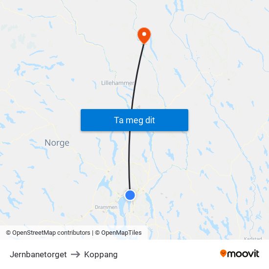Jernbanetorget to Koppang map