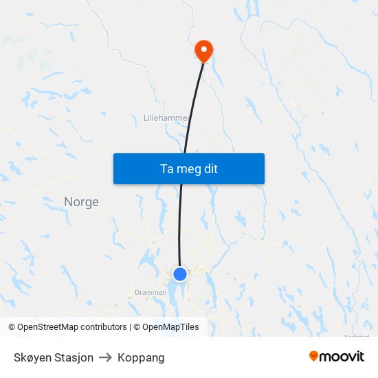 Skøyen Stasjon to Koppang map