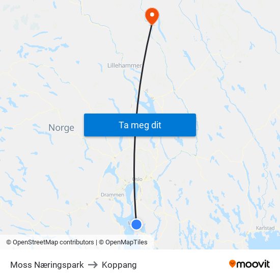 Moss Næringspark to Koppang map