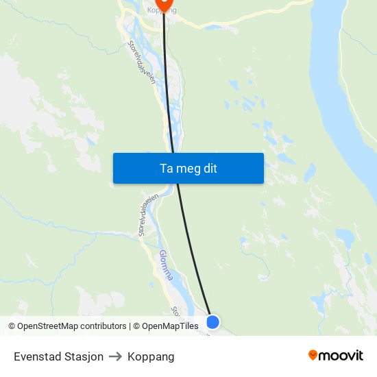 Evenstad Stasjon to Koppang map