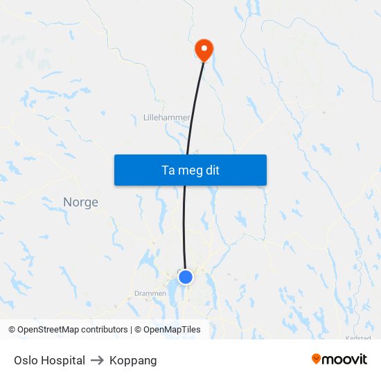 Oslo Hospital to Koppang map