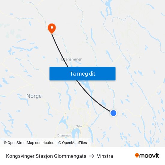 Kongsvinger Stasjon Glommengata to Vinstra map