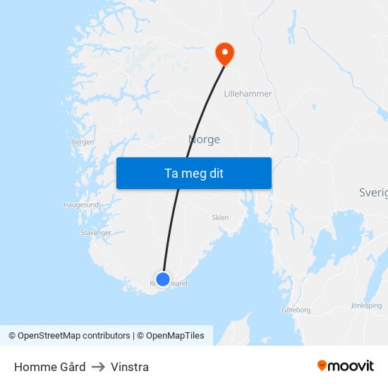 Homme Gård to Vinstra map