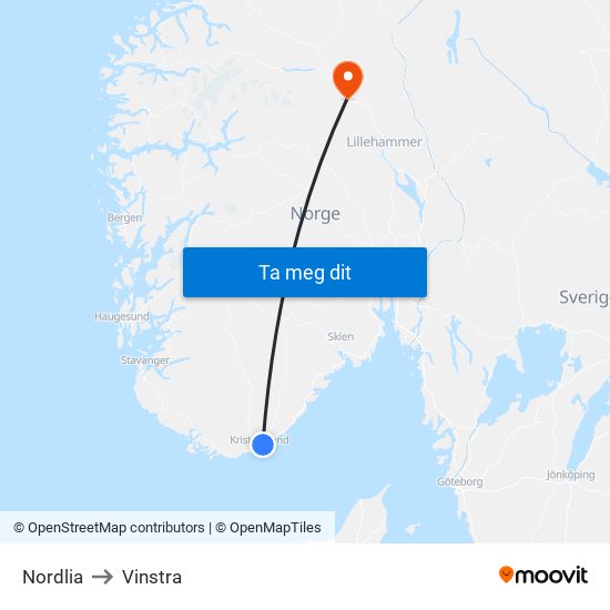 Nordlia to Vinstra map