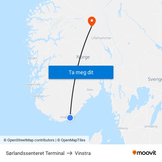 Sørlandssenteret Terminal to Vinstra map