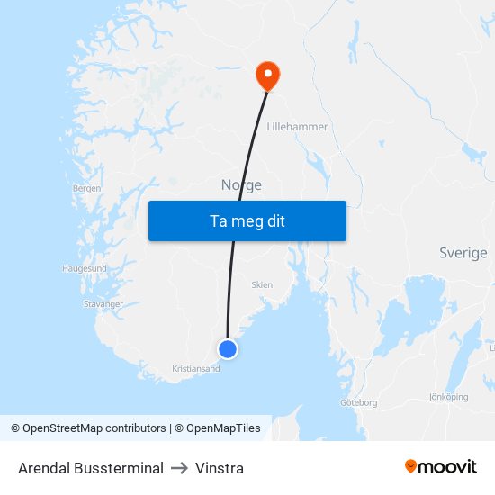 Arendal Bussterminal to Vinstra map