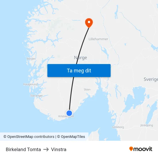 Birkeland Tomta to Vinstra map