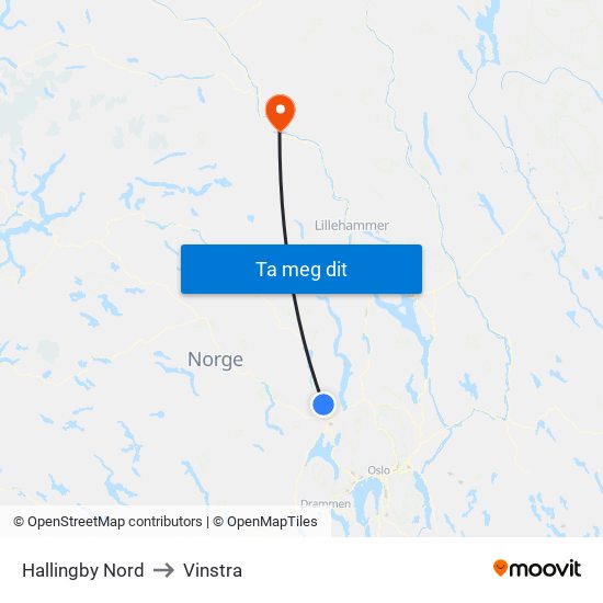 Hallingby Nord to Vinstra map