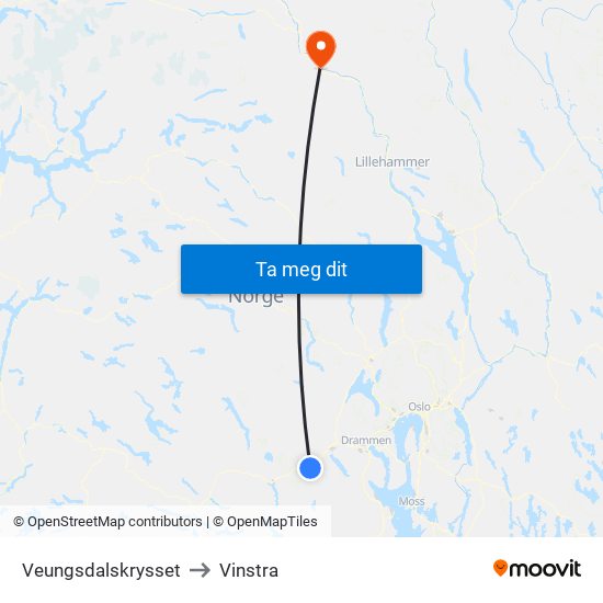 Veungsdalskrysset to Vinstra map