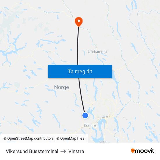 Vikersund Bussterminal to Vinstra map
