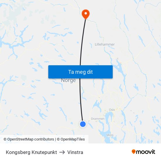 Kongsberg Knutepunkt to Vinstra map