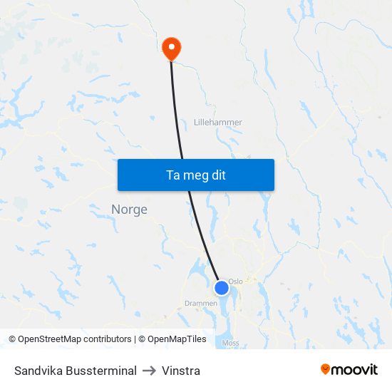 Sandvika Bussterminal to Vinstra map