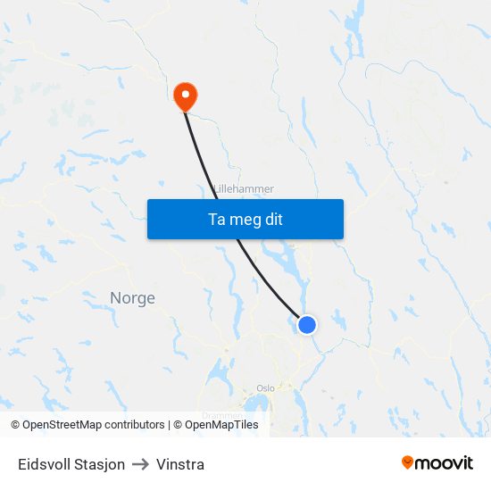 Eidsvoll Stasjon to Vinstra map