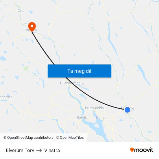 Elverum Torv to Vinstra map