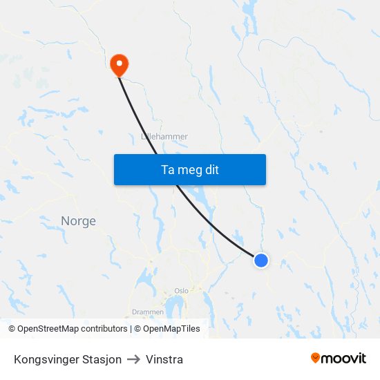 Kongsvinger Stasjon to Vinstra map