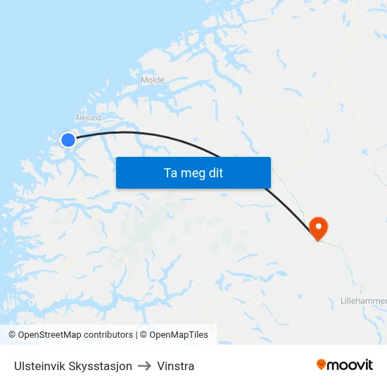 Ulsteinvik Skysstasjon to Vinstra map