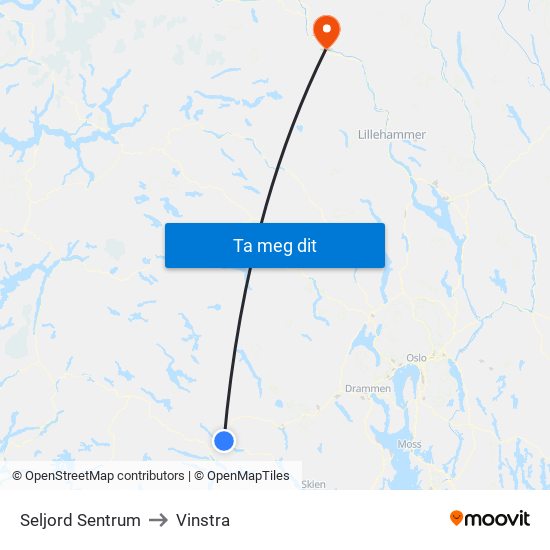 Seljord Sentrum to Vinstra map