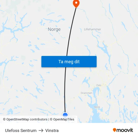 Ulefoss Sentrum to Vinstra map