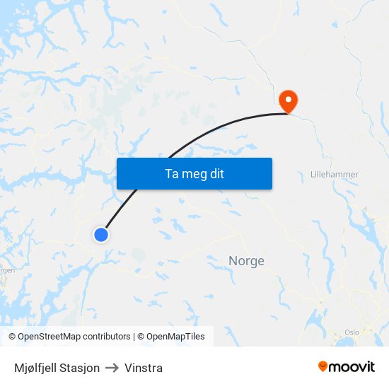 Mjølfjell Stasjon to Vinstra map