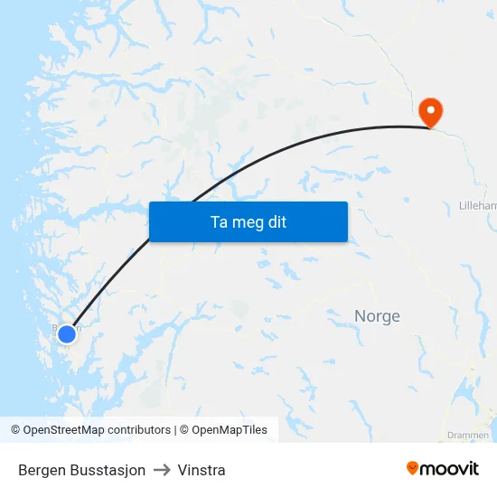 Bergen Busstasjon to Vinstra map