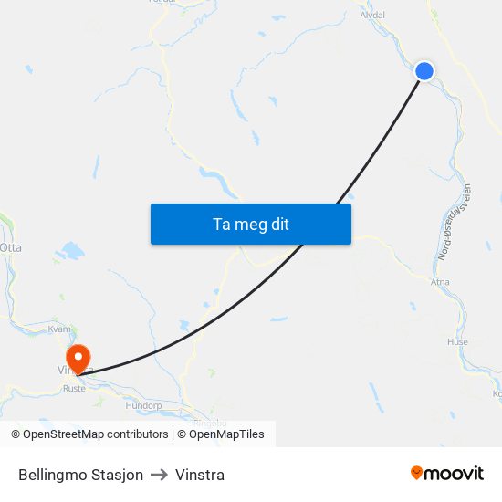 Bellingmo Stasjon to Vinstra map