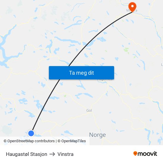 Haugastøl Stasjon to Vinstra map