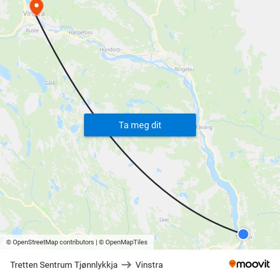 Tretten Sentrum Tjønnlykkja to Vinstra map