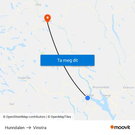 Hunndalen to Vinstra map