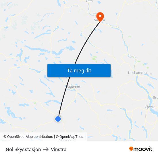 Gol Skysstasjon to Vinstra map