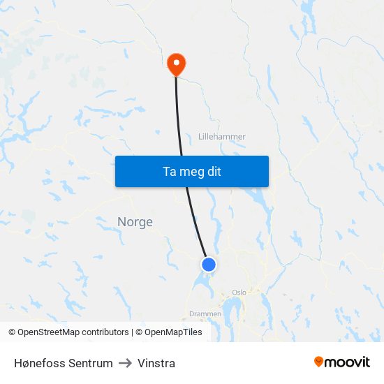 Hønefoss Sentrum to Vinstra map