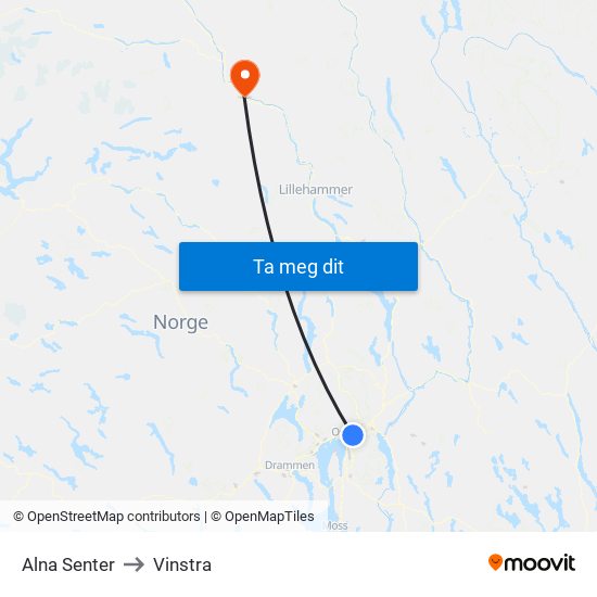 Alna Senter to Vinstra map